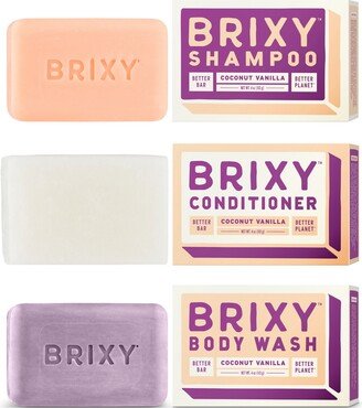 Brixy Coconut Vanilla Starter Set - Shampoo Bar, Conditioner Bar, and Body Wash Bar