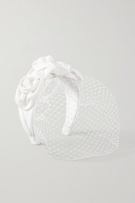 Net Sustain Tripled Rosette Mesh-trimmed Silk-faille Headband - White