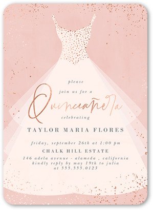 Quinceanera Invitations: Elegant Dress Birthday Invitation, Pink, 5X7, Matte, Signature Smooth Cardstock, Rounded