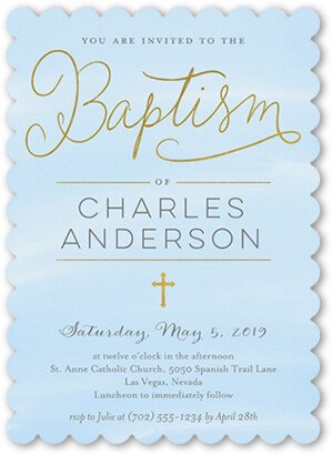 Baptism Invitations: Wispy Script Boy Baptism Invitation, Blue, 5X7, Pearl Shimmer Cardstock, Scallop