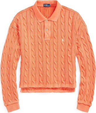 Cable Cotton Polo Shirt Sweater Mandarin