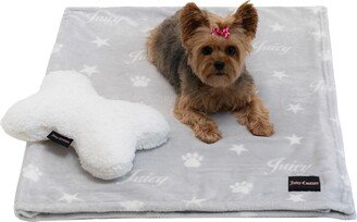 2-Piece Set Pet Throw Blanket Bone Pillow, Juicy Paws And Stars - Gray, White