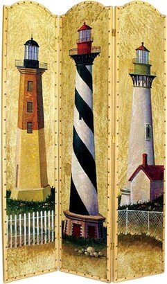 Hand Painted 3 Panel Wooden Room Divider with Lighthouses Print, Multicolor