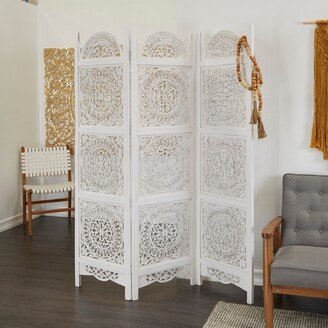 Studio 350 White Wood Hinged Foldable Partition 3 Panel Floral Room Divider Screen with Intricately Carved Designs