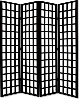 Wooden 4 Panel Foldable Window Pane Screen with Grid Design, Black