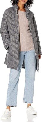 Women's Hooded Chevron Packable Down Jacket (Standard and Plus) (Titanium) Women's Coat