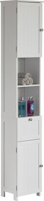 White Tall Standing Bathroom Linen Tower Storage Cabinet