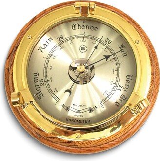 Curata Oak Wood Lacquered Brass Porthole Barometer