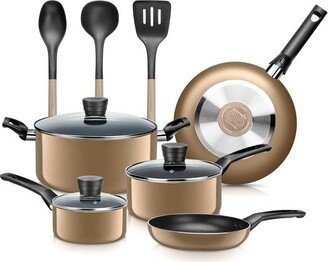 11 Piece Essential Home Heat Resistant Non Stick Kitchenware Cookware Set w/ Fry Pans, Sauce Pots, Dutch Oven Pot, and Kitchen Tools, Gold