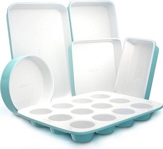 6 Piece Non Stick Kitchen Oven Stackable Ceramic Baking Pan Set with Cookie Sheet, Muffin Tray, and More, Green and White