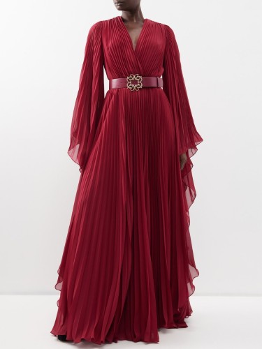 Belted pleated-georgette gown