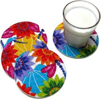 Coasters, 100% Cotton, Protectors, Padded, Mug Mates, Drink Coasters, Quilted, Set Of Four, Funky Flowers