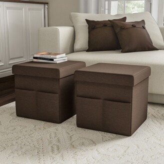 Hastings Home 15-Inch Foldable Multipurpose Storage Cube Ottoman with Pockets, Linen Brown, Pair