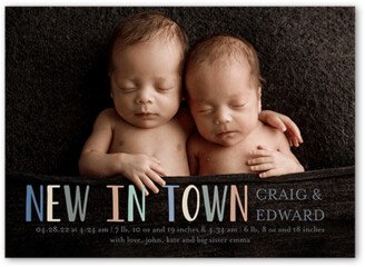 Birth Announcements: New In Town Birth Announcement, Blue, 5X7, Pearl Shimmer Cardstock, Square