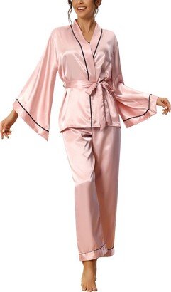 cheibear Women Satin Sleepwear Bell Sleeve Robe with Pant Silky Pajama Set X Large