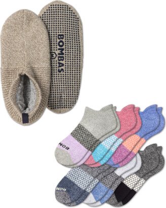 Women's Gripper Slipper & Tri-Block Ankle Socks 7-Pack - Taupe Mix - Cotton