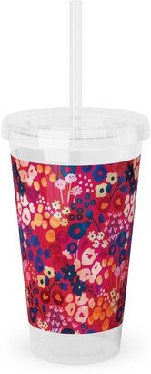 Travel Mugs: Modern Retro Floral - Multi Acrylic Tumbler With Straw, 16Oz, Multicolor