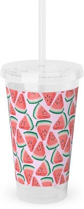 Travel Mugs: Watermelon Slices - Pink Acrylic Tumbler With Straw, 16Oz, Pink