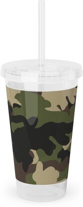 Travel Mugs: Ducks, Trucks, And Eight Point Bucks - Camo Acrylic Tumbler With Straw, 16Oz, Green