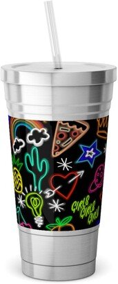 Travel Mugs: Neon Signs - Black Stainless Tumbler With Straw, 18Oz, Multicolor