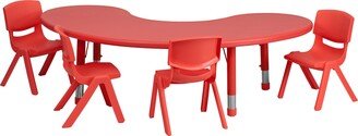 35''W x 65''L Half-Moon Red Plastic Height Adjustable Activity Table Set with 4 Chairs-AA