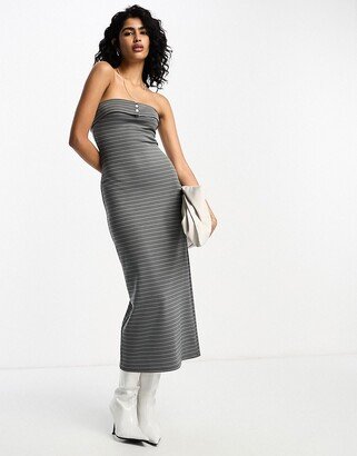 fold over bandeau midi dress with button in gray stripe