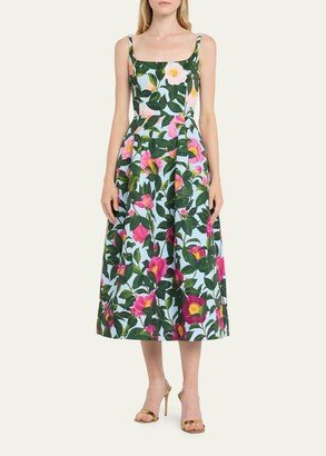 Scoop-Neck Camellias Faille Sleeveless Midi Dress