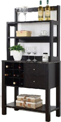 Two-Toned Baker's Rack Kitchen Utility Storage Cabinet with Wine Rack and Black Faux Marble Top in Red Cocoa Finish