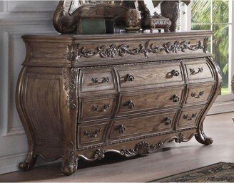 Eleven Drawer Dresser with Antique Handles & Scrolled Legs, Vintage Oak Finish