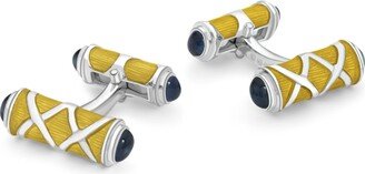 Sterling Silver Yellow Cross Hatch Design Cufflinks With Sapphire