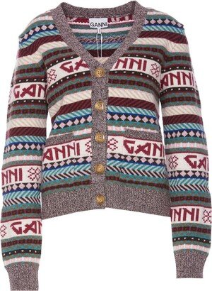 V-Neck Logo-Intarsia Knitted Cardigan