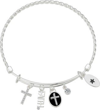 Silver-Plated Cross Faith Multi Charm Twist Design Bangle Bracelet