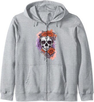 Mexican Floral Sugar Day of Dead Floral Skeleton Sugar Skull Day of Dead Dia de Los Muertos Mexican Floral Zip Hoodie