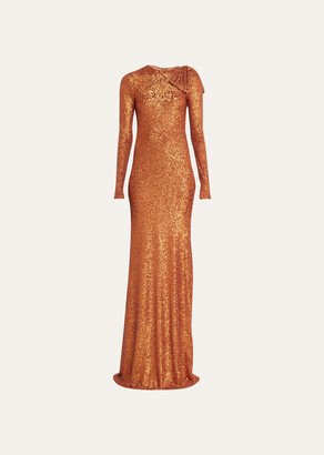 Long-Sleeve Sequin Gown with Bow Detail