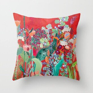 Red floral Jungle Garden Botanical featuring Proteas, Reeds, Eucalyptus, Ferns and Birds of Paradise Throw Pillow