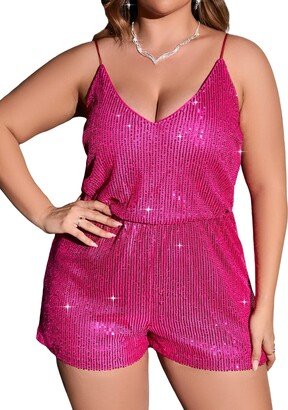 SHENHE Women's Plus Size Sequin V Neck Sleeveless Spaghetti Strap Cami Romper Jumpsuits Hot Pink 3XL