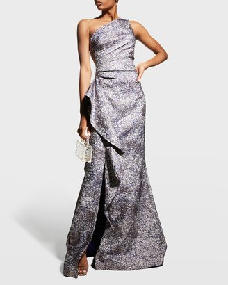 One-Shoulder Jacquard Side-Ruffle Gown