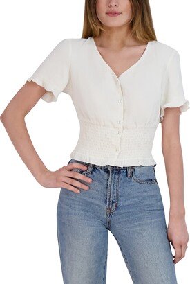 womens Fitted Short Sleeve Smocked Waist Ruffle Hem Button Front Crop Top Shirt