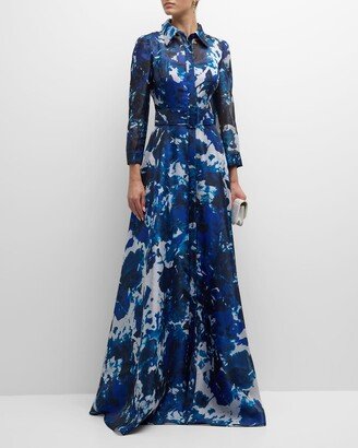 Belted Floral-Print Organza Shirt Gown