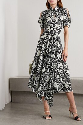 Net Sustain Asymmetric Draped Floral-print Silk Dress - Black