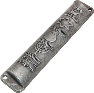 Custom Engrave Vintage Pewter Door Mezuzah With Famous Jewish Symbols Shadai, Torah, Menorah, Star Of David, Western Wall, Ten Commandments