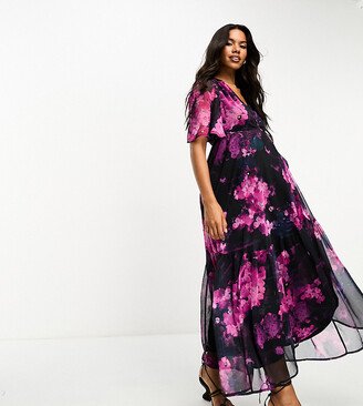 Hope & Ivy Maternity wrap maxi dress with flutter sleeves in purple floral