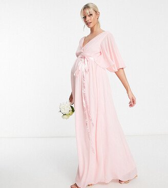 TFNC Maternity Bridesmaid kimono sleeve pleated maxi dress with angel sleeve in whisper pink