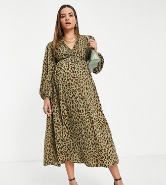 Missguided Maternity smock midaxi dress in olive leopard print