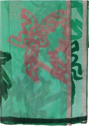 Women's Green Allover Logo Print Silk Wool Large Scarf Shawl