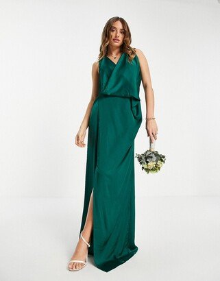 satin wrap maxi dress in emerald green