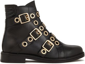 Buckled eyelet-embellished leather ankle boots