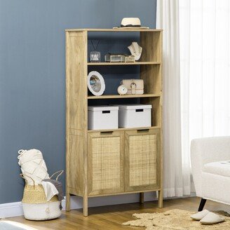 HOMCOM Bookshelf, Storage Cabinet with 3 Open Shelves and Natural Rattan Decor, Bookcase