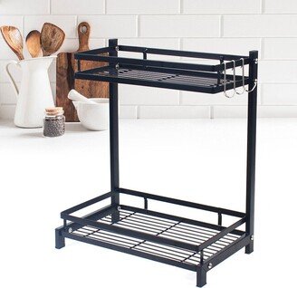 2 Tier Stainless Steel Kitchen Storage Rack with 3 Hooks - 13.4*8*16inches