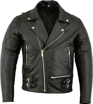 FBJ Fashions Mens Brando Quilted Classic Motorcycle Biker Black Leather Vintage Racing Jacket